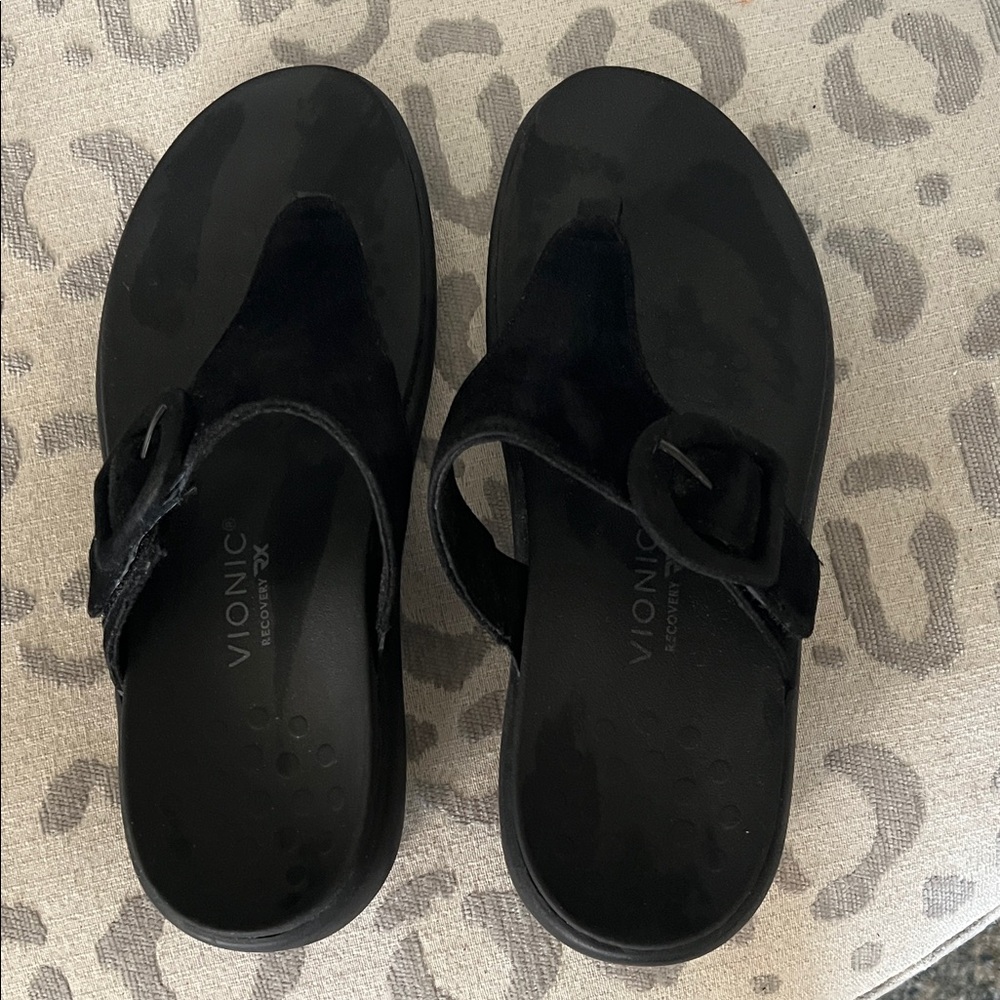 Vionic Black Suede Women's Slip-On Clog Sandals with Buckle Strap